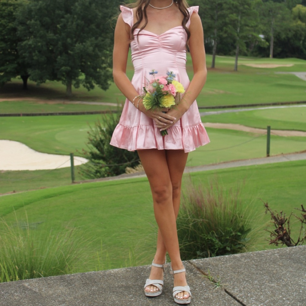 Pink Satin Ruffle Dress - Picture 2 of 2
